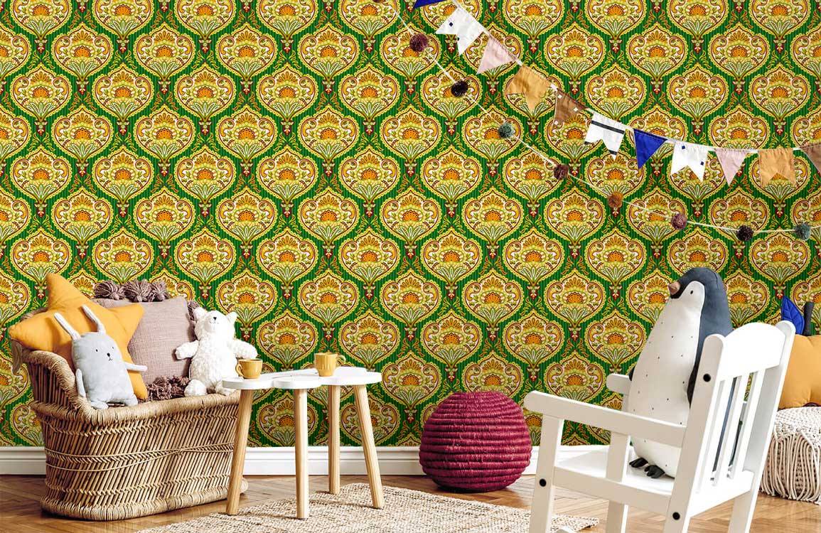 Luxurious green and gold wallpaper; wicker sofa, white chairs, wooden floor in a cosy living room.