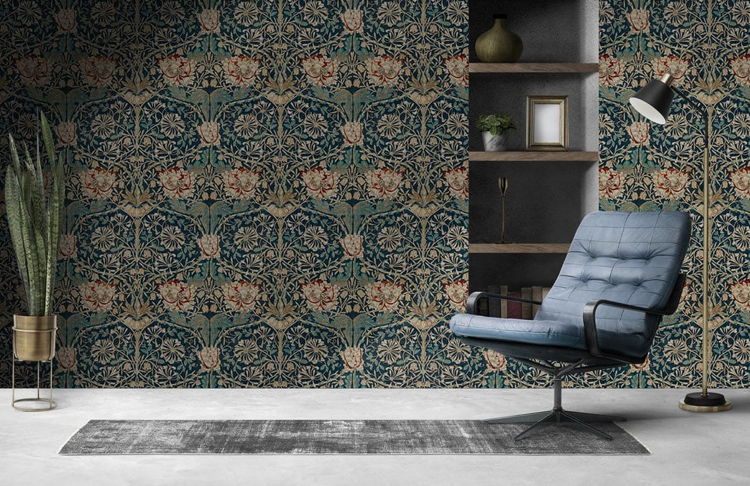 Elegant floral wallpaper with teal and earthy tones, featuring modern chair, grey rug, contemporary decor.