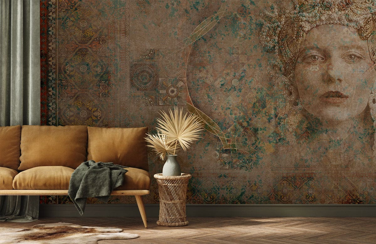 Mystical Vintage Queen mural wallpaper with teal, sepia hues. Brown sofa, herringbone floor, vase decor.