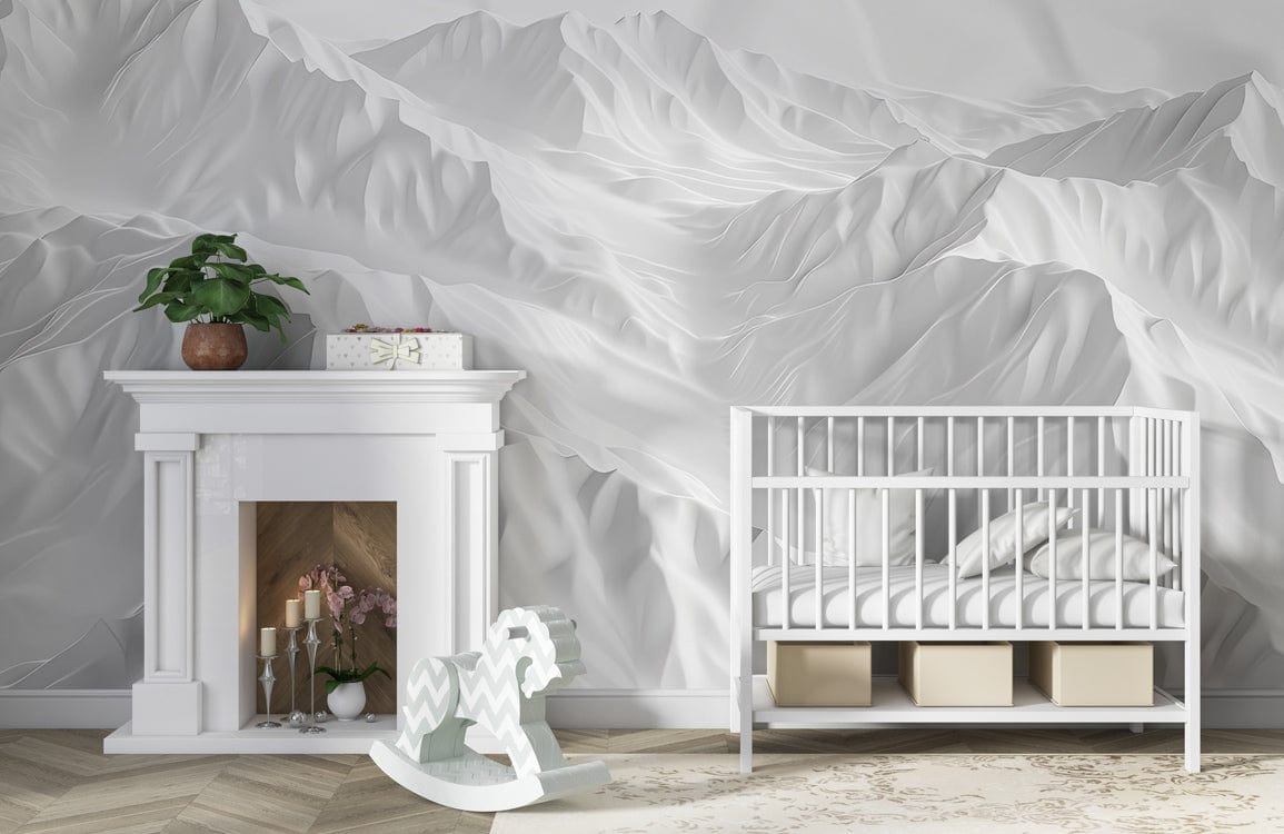 Elegant 3D mountain mural wallpaper, white baby cot, white fireplace, chevron flooring, modern nursery.