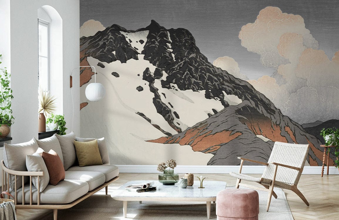 Vintage Mountain Landscape Mural Wallpaper in living room with grey sofa, light wood flooring, Scandinavian style.