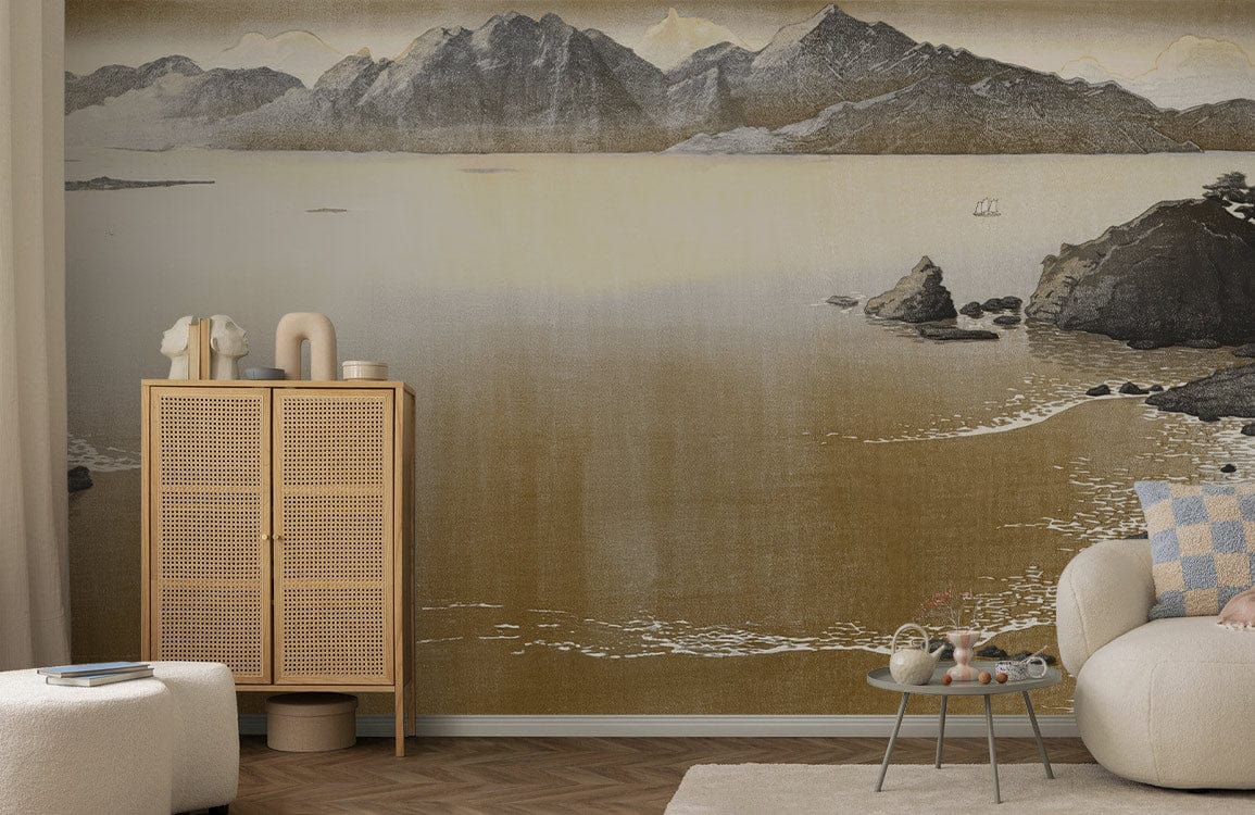 Serene Sepia Mountain Wall Mural in living room with cream sofa, parquet flooring, and rattan cabinet.