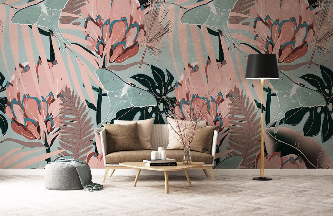 Vintage Tropical Floral Wallpaper; soft pink, teal botanical design; cosy beige sofa; wood flooring.