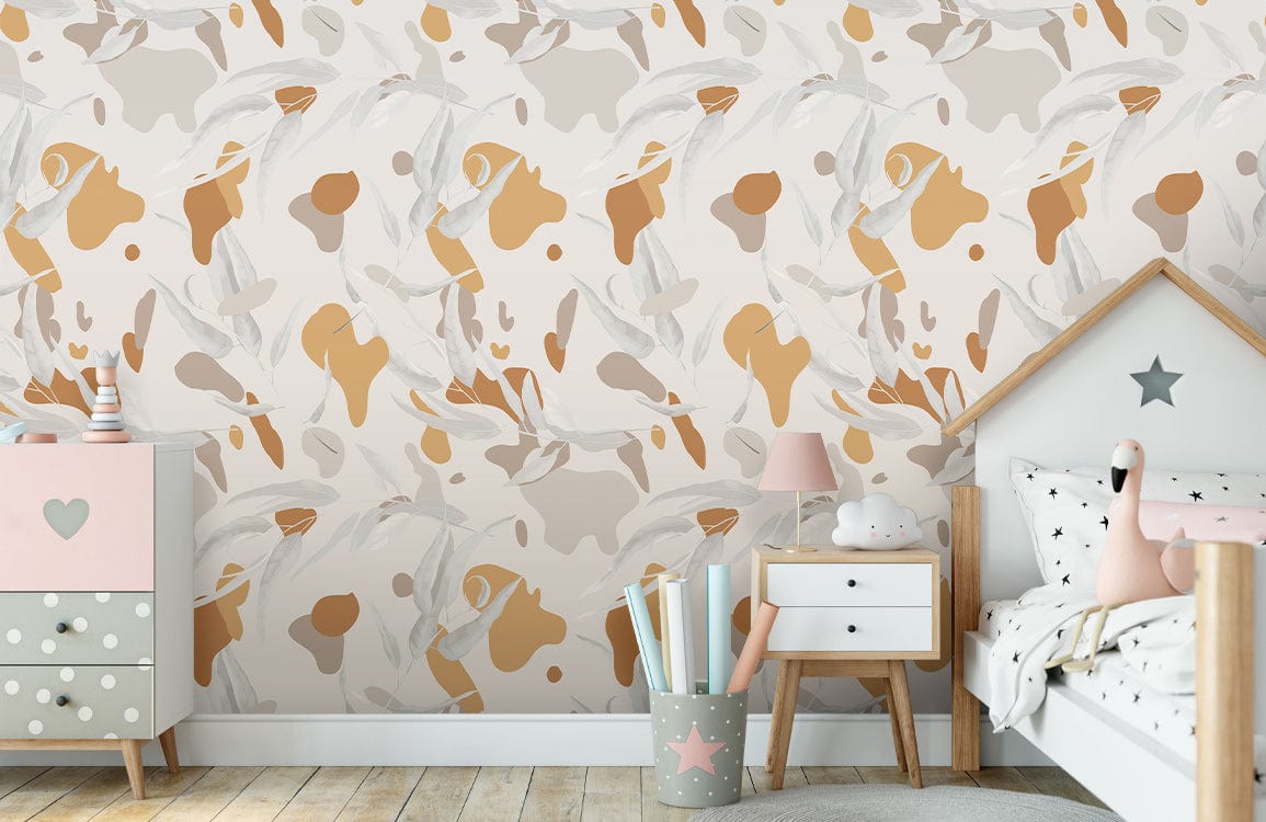Contemporary Earth Tones Abstract Splash Wallpaper in children's room with pastel dresser and wooden bed.