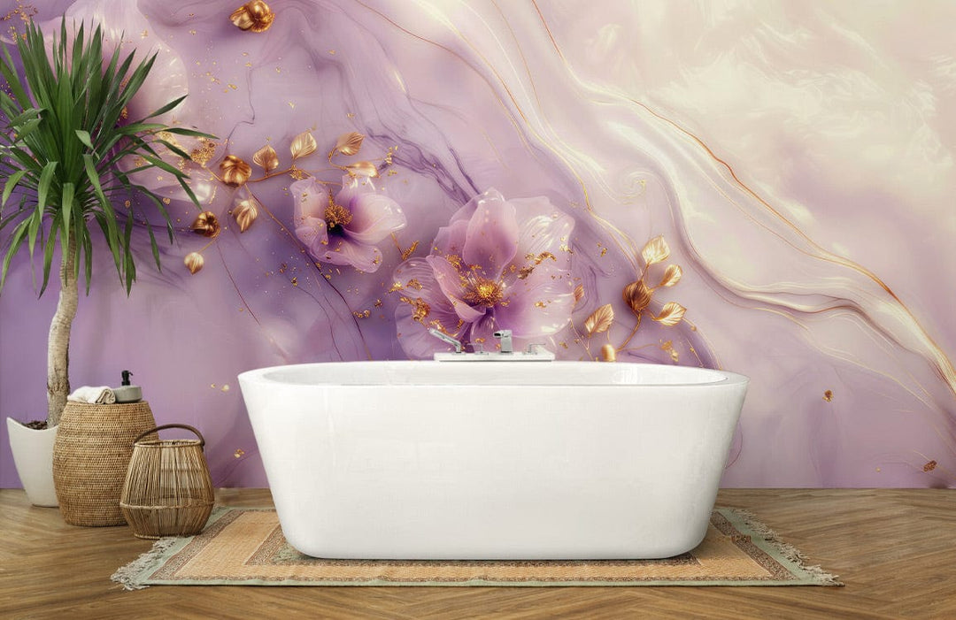 Luxurious lavender floral mural wallpaper with gold accents; white bathtub; chevron wood flooring; elegant bathroom.
