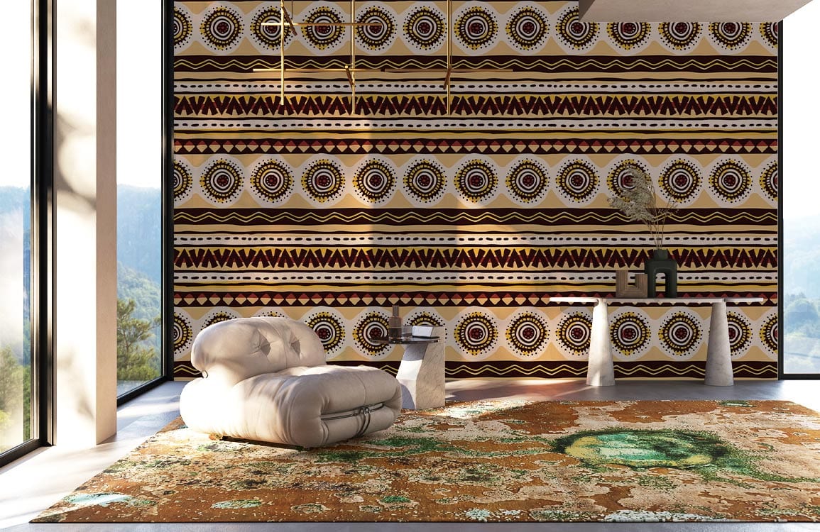 Tribal geometric wallpaper mural, ethnic patterns, cream leather sofa, abstract rug, modern living room decor.