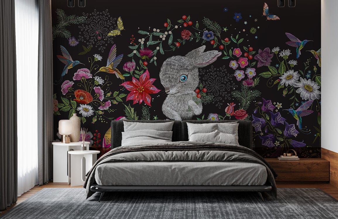 Enchanted Woodland Animals Mural, dark floral wallpaper, grey bed, modern bedroom, textured flooring.