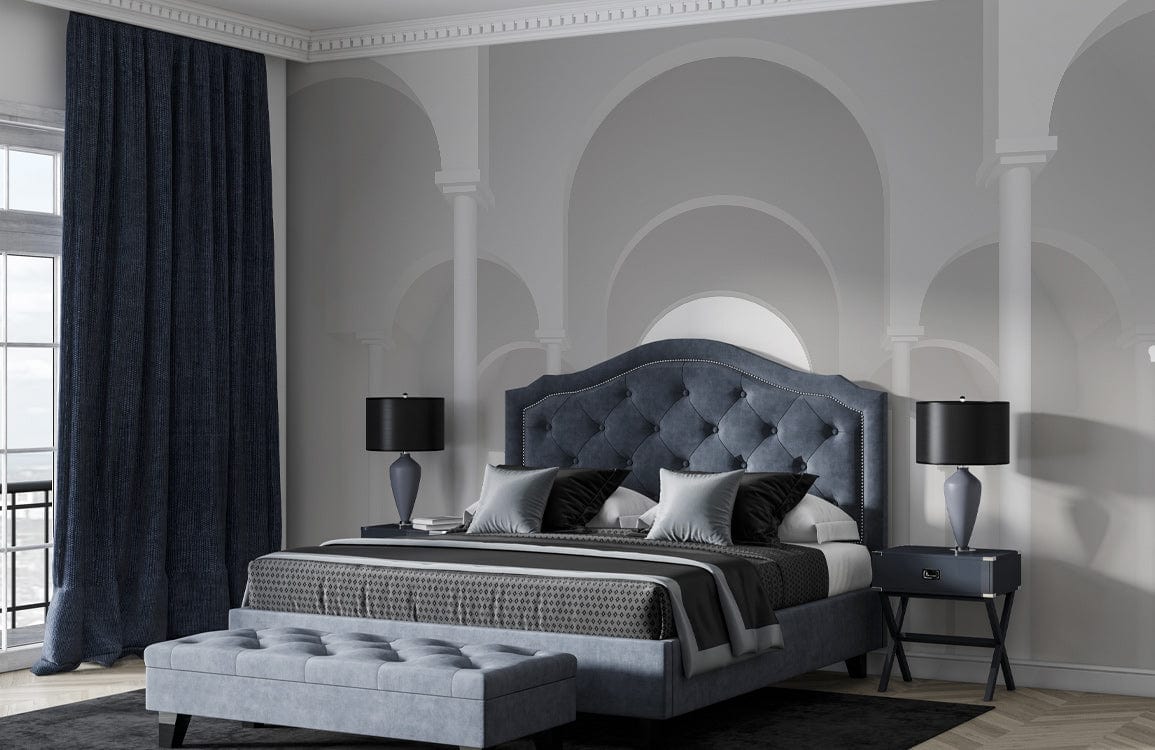 Elegant white archway mural in modern bedroom with grey bed, dark curtains, and parquet flooring.