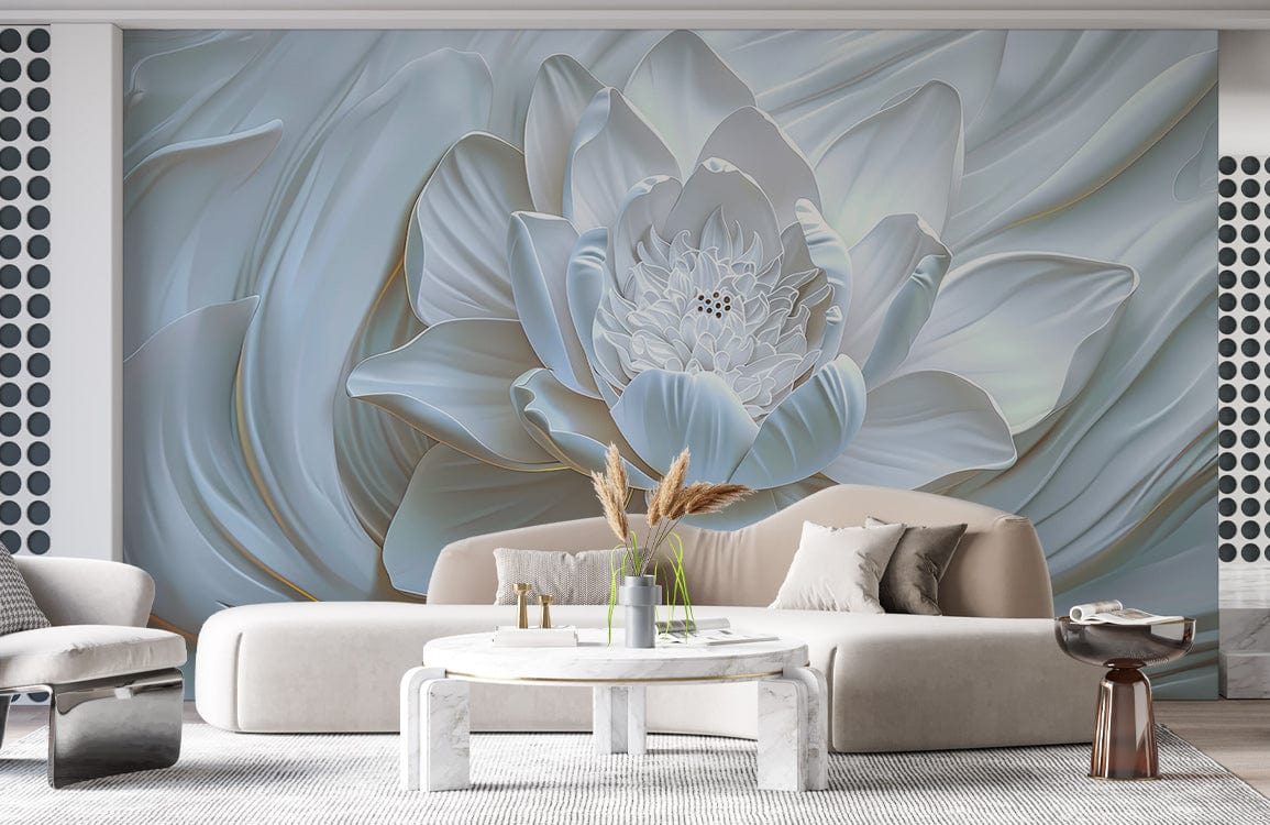 Elegant White Lotus Blossom Mural, beige sofa, modern grey armchair, white coffee table, stylish lounge.
