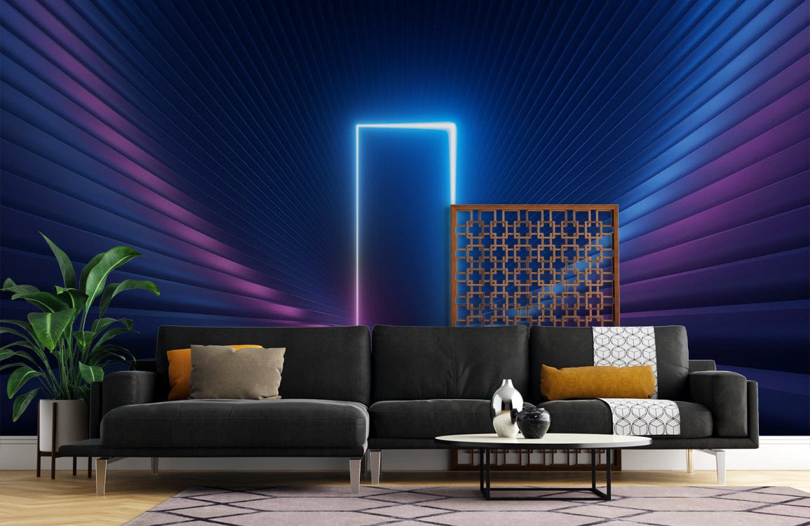 Futuristic neon blue pink art deco mural with black sofa, modern table, geometric rug.