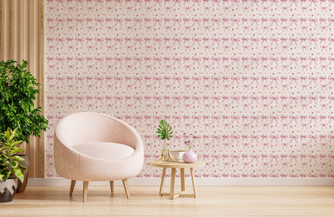 Elegant pink floral wallpaper, pink chair, wooden flooring, interior decor, soft, feminine style.