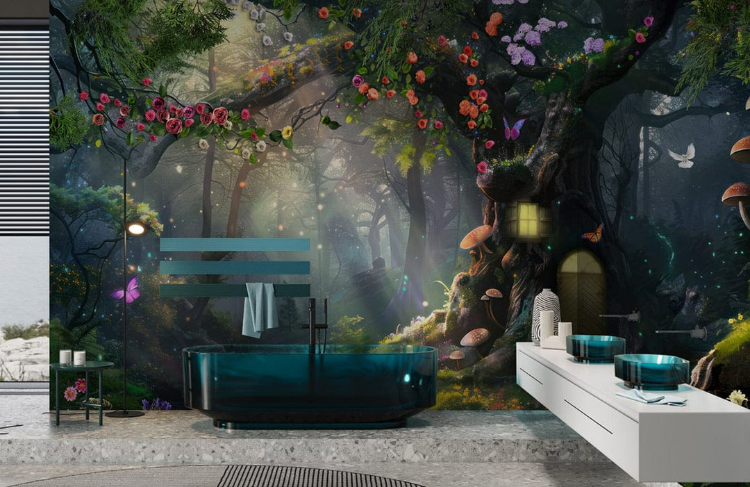 Enchanted Forest Mural Wallpaper in bathroom with black bathtub, white vanity, and stone flooring.