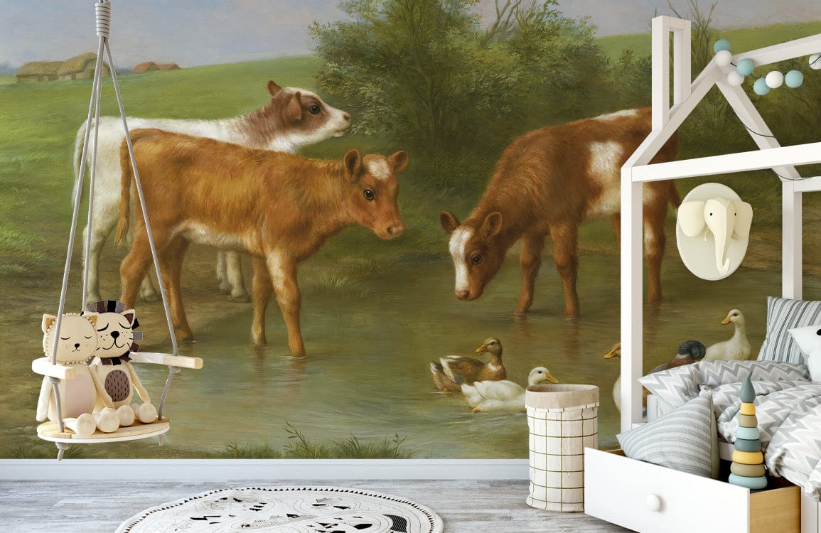 Charming Calves and Ducks Mural Wallpaper in Children's Room with Scandinavian Furniture and Pastel Accessories.