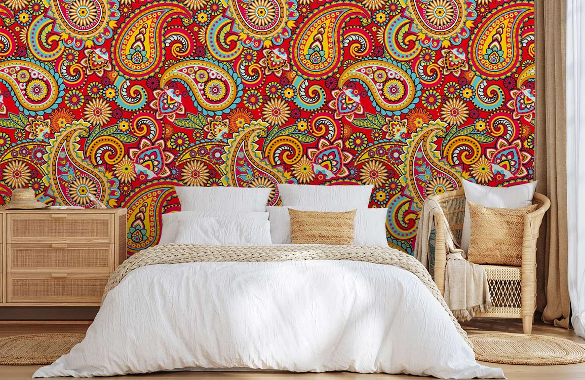 Bohemian style bedroom with vibrant paisley floral red wallpaper, wicker chairs, and wooden furniture.