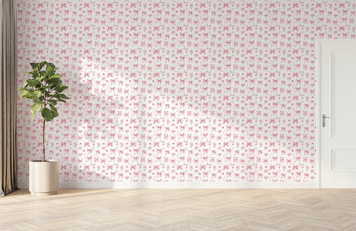 Pink berry blossom wallpaper, floral design, white door, herringbone flooring, green potted plant.