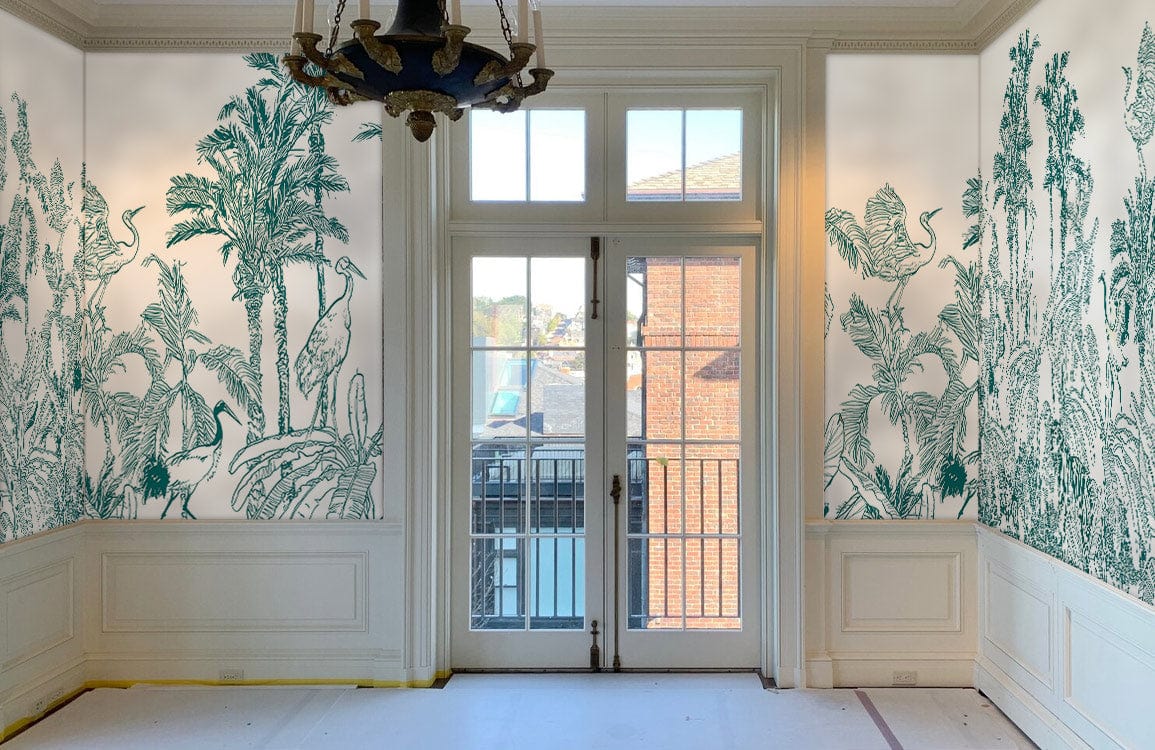 Tropical Safari Green Jungle Mural Wallpaper with exotic wildlife in elegant room, decorative chandelier.