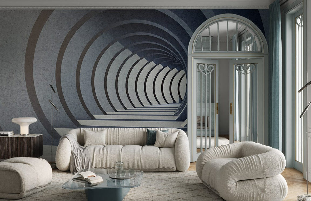 Modern grey mural wallpaper in living room, soft cream sofas, modern wooden table, glass decor elements.