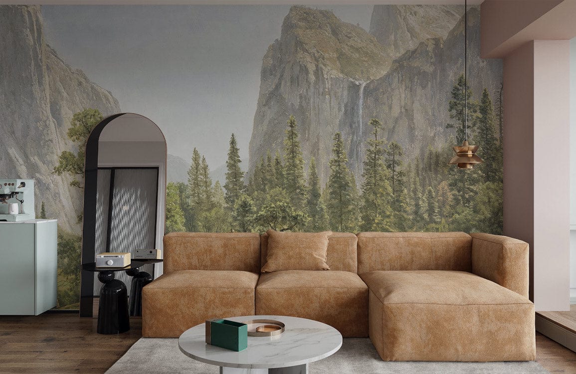 Majestic Mountain Landscape mural in earthy tones with a brown sectional sofa and wooden flooring.