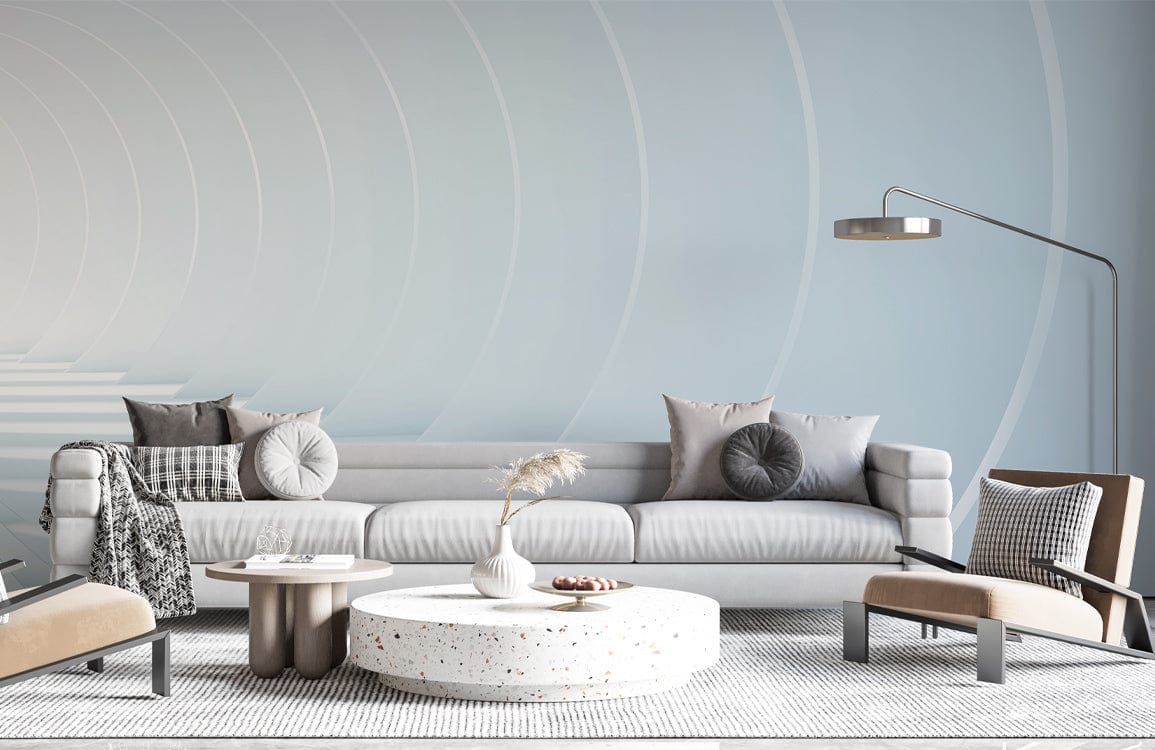 Modern White Tunnel Illusion Mural Wallpaper, light grey sofa, armchairs, rug, elegant living room Décor.