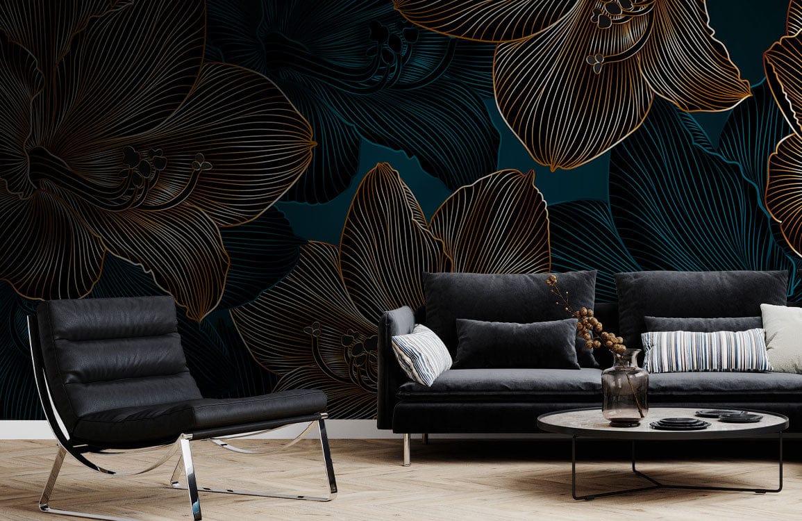 Elegant Midnight Blue Floral Wallpaper with copper accents, black sofa, minimalist chair, wooden flooring.