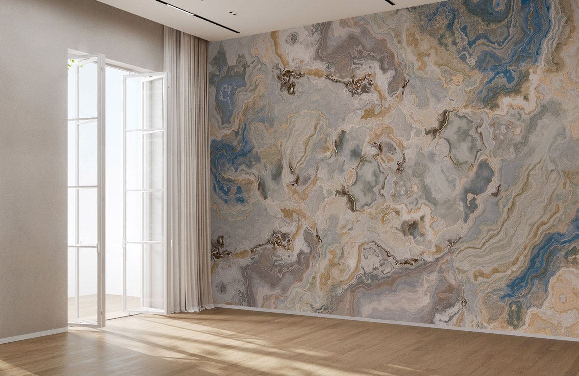 Elegant blue marble mural wallpaper in modern living room with wooden flooring, light beige walls.