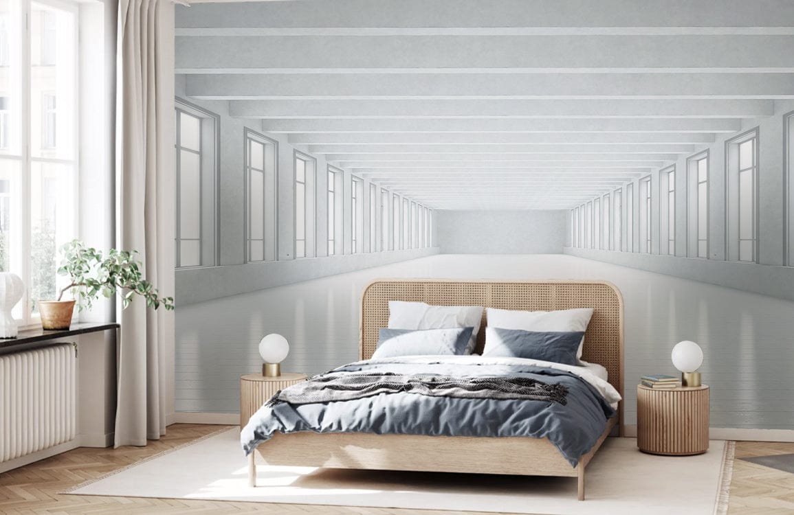 Minimalist white panorama mural wallpaper in spacious bedroom with wooden bed and grey bedding.