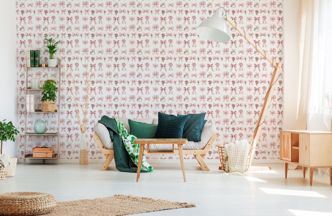 Delicate pink floral vintage wallpaper in elegant living room with wooden furniture, blue cushions, lamp.