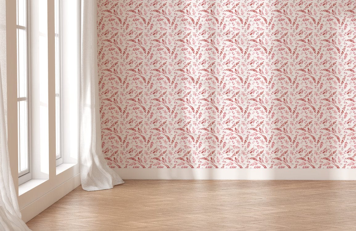 Elegant pink floral wallpaper with vintage botanical design in room, wooden flooring, light curtains.