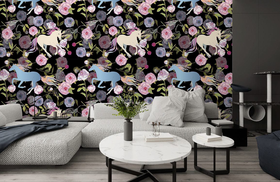 Elegant Unicorn & Floral Pattern Wallpaper – Black, Pink & Blue Fantasy Design