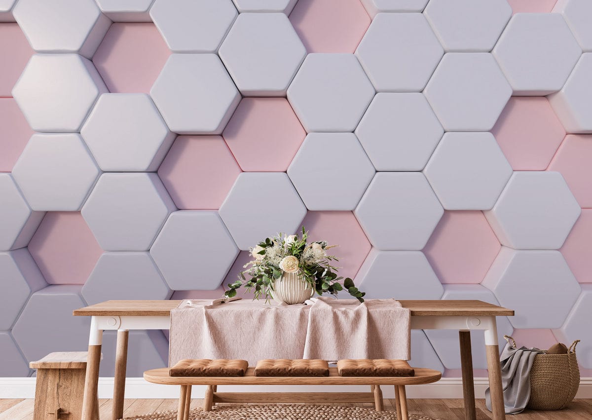 Modern hexagonal blush and white 3D wallpaper, dining room, wooden table, woven rug, soft lighting.