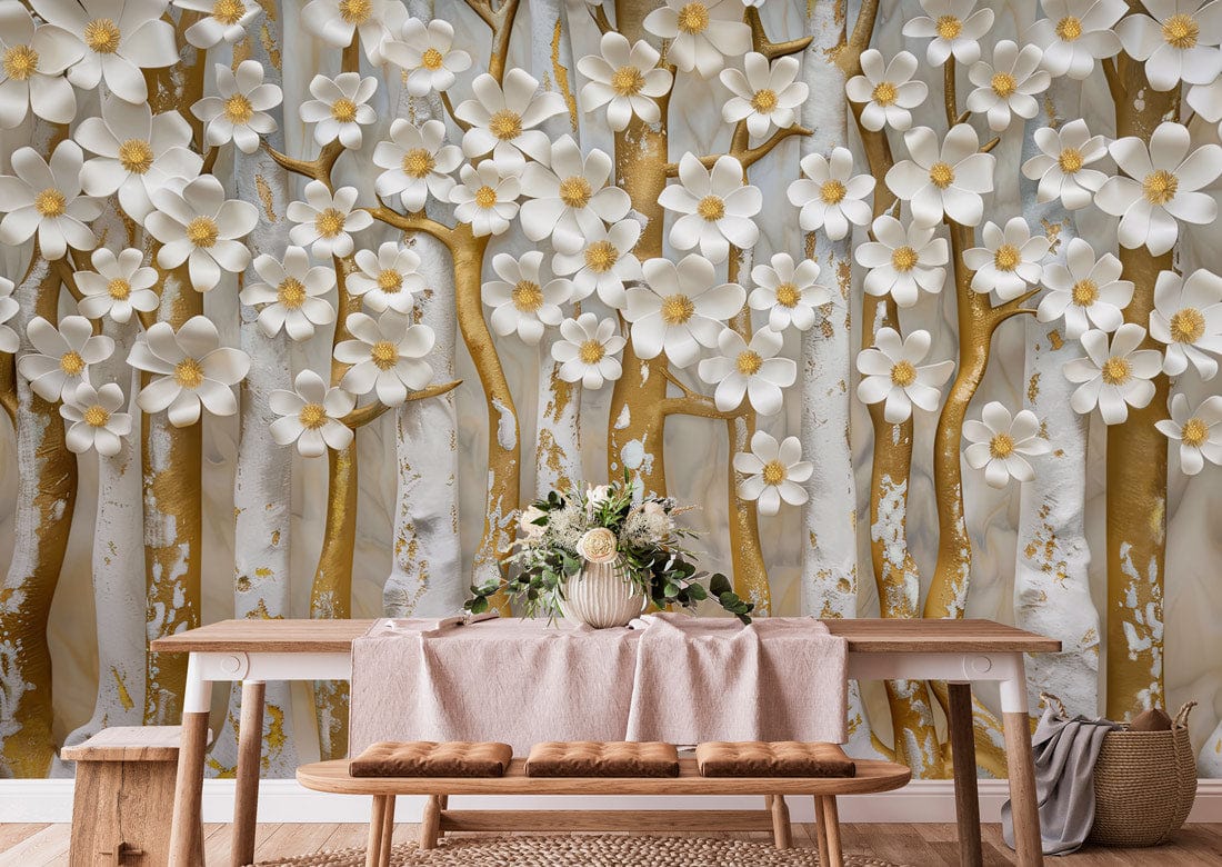 Luxurious gold and white floral mural wallpaper; dining room with wooden table, beige bench, soft decor.
