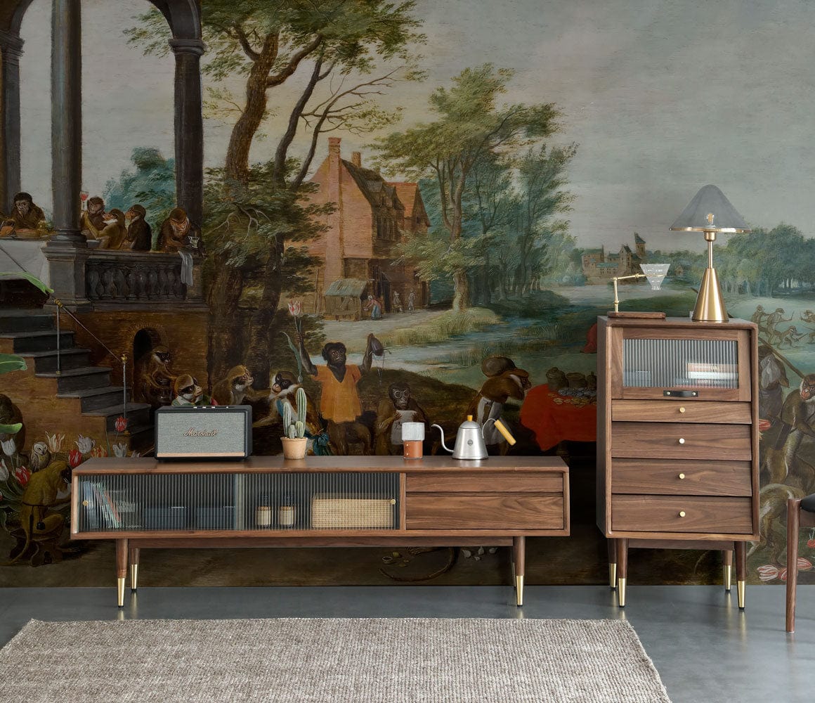 Vintage mural wallpaper with monkeys, wooden cabinets, grey floor, rug, and modern lamp in living room.