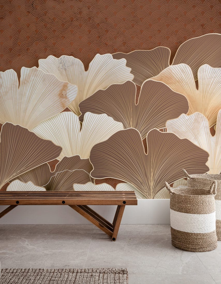 Elegant beige and brown ginkgo wallpaper in modern room with wooden bench and woven basket.