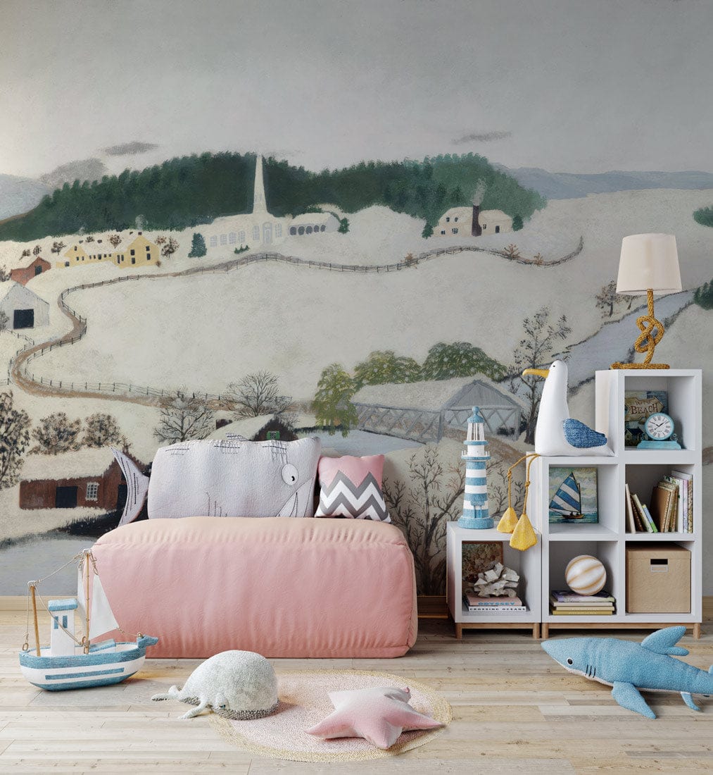 Vintage Winter Countryside Mural Wallpaper, serene snowy scene, pink sofa, light wood flooring, kids' room.