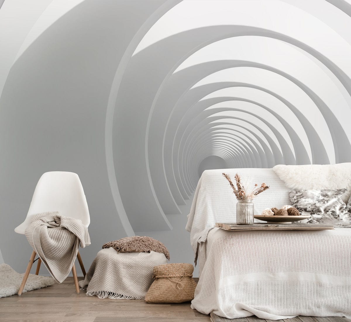 Futuristic White Tunnel 3D Mural Wallpaper, modern interiors, white chair, beige sofa, wood flooring.