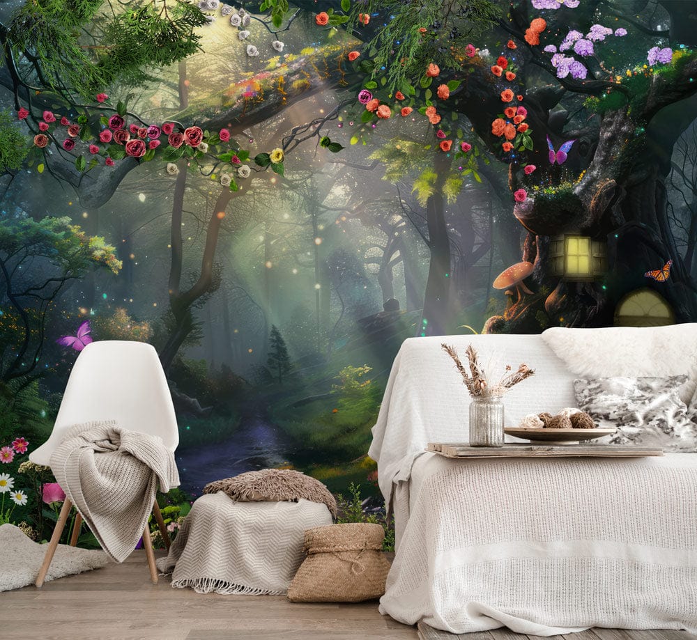 Enchanted Forest Mural Wallpaper; fairy tale decor with cosy white sofa, wooden flooring in living room.