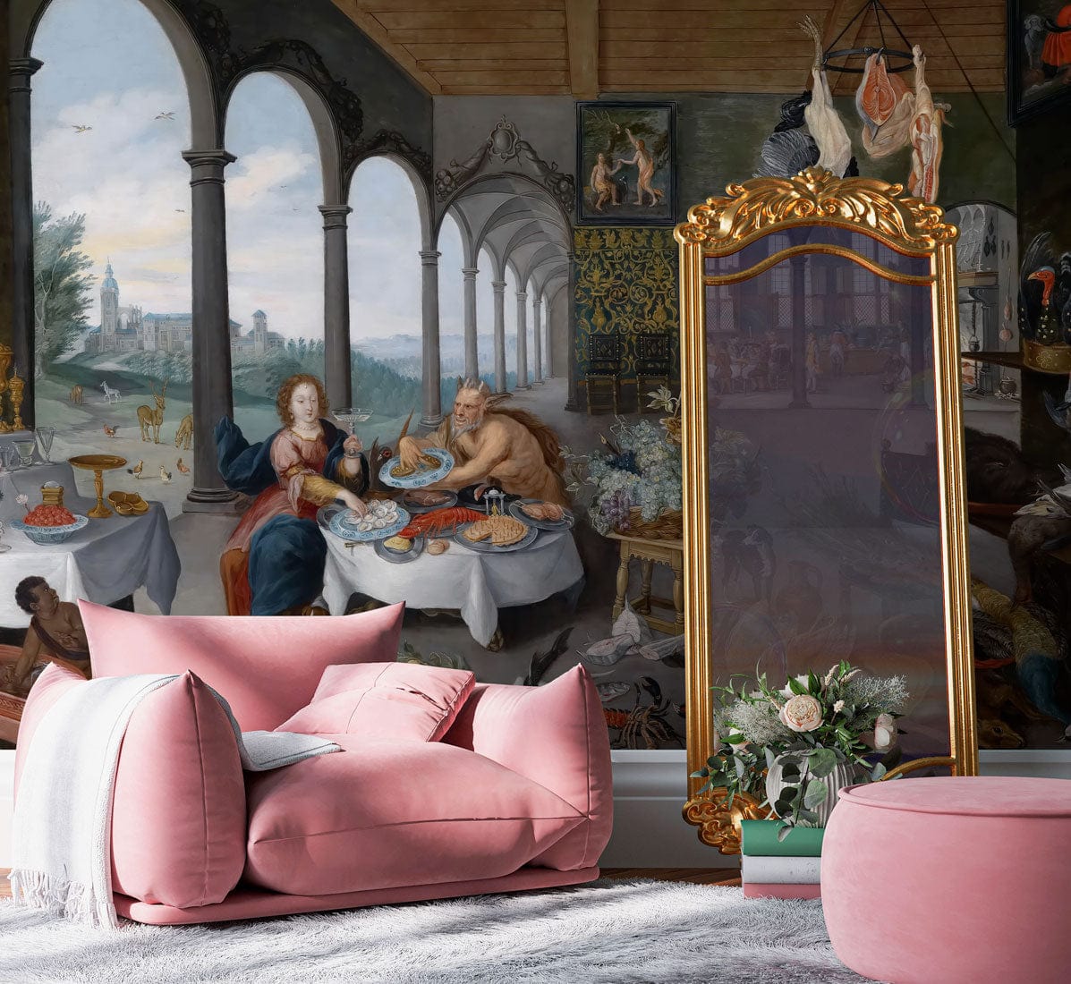 Opulent Baroque Banquet mural wallpaper with pink modern sofa, elegant mirror, and lush carpet flooring.