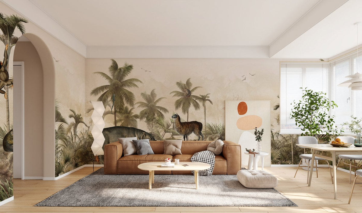 Vintage Jungle Safari Mural Wallpaper with exotic animals, palm trees, brown sofa, light wood flooring.
