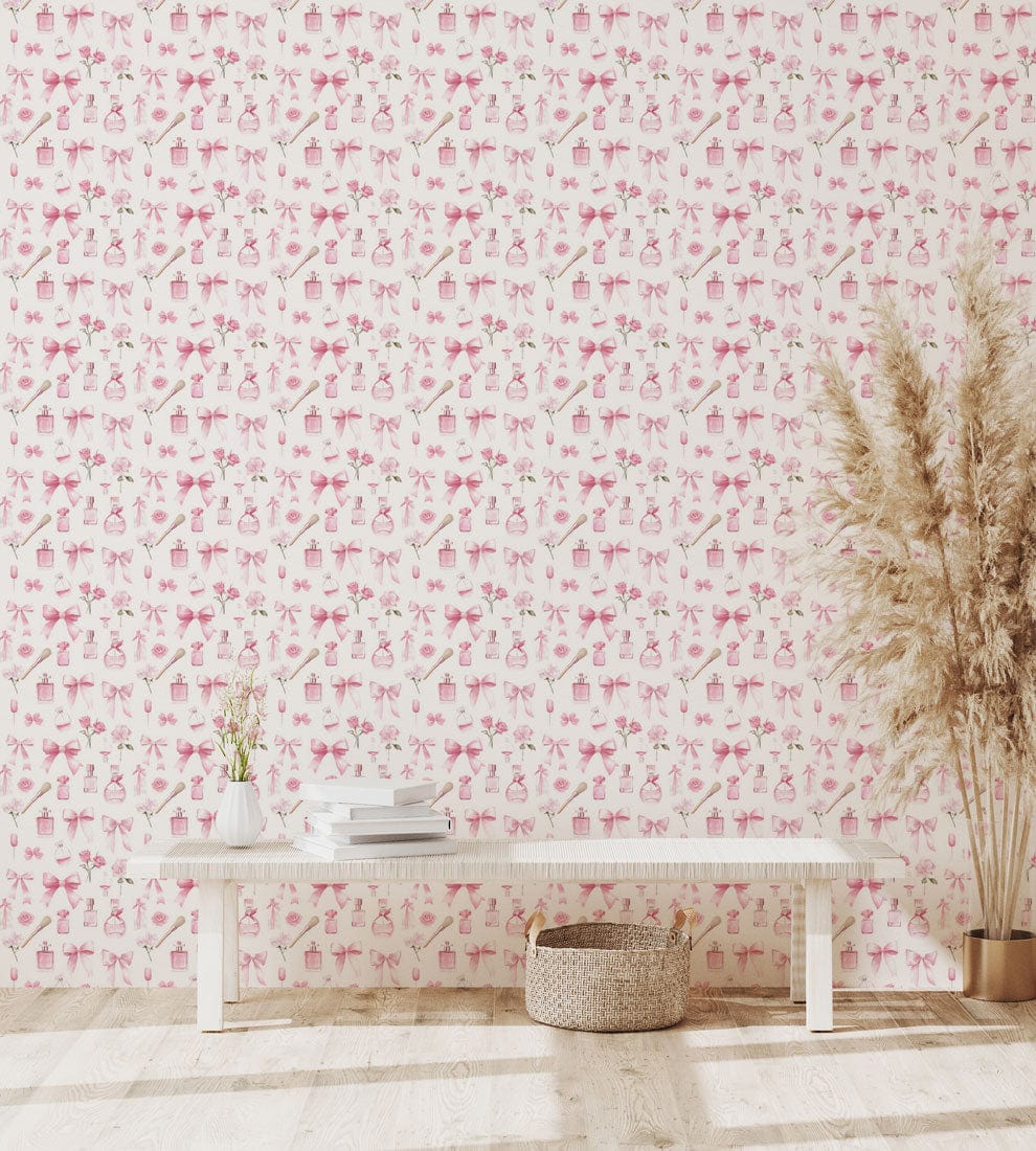 Pink floral pattern wallpaper, white bench, natural pampas grass, wooden flooring, vintage chic room decor.