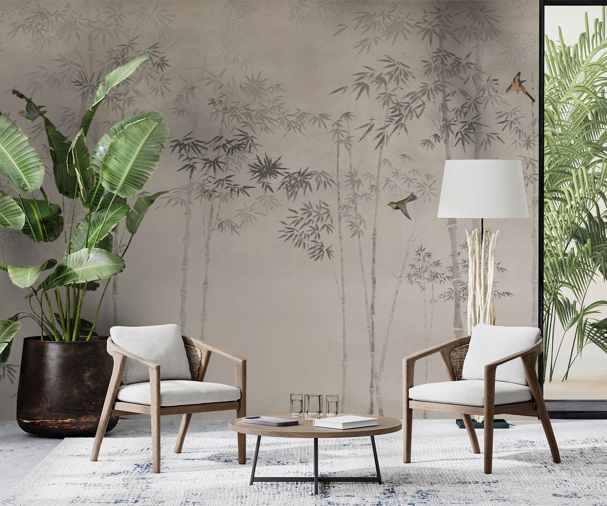Elegant bamboo mural wallpaper with bird design, grey; two modern chairs, floor lamp, indoor greenery.