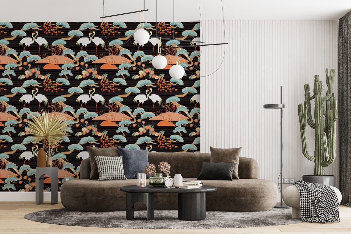 Vintage Japanese crane mural wallpaper in stylish living room with brown sofa, modern lighting, cacti.