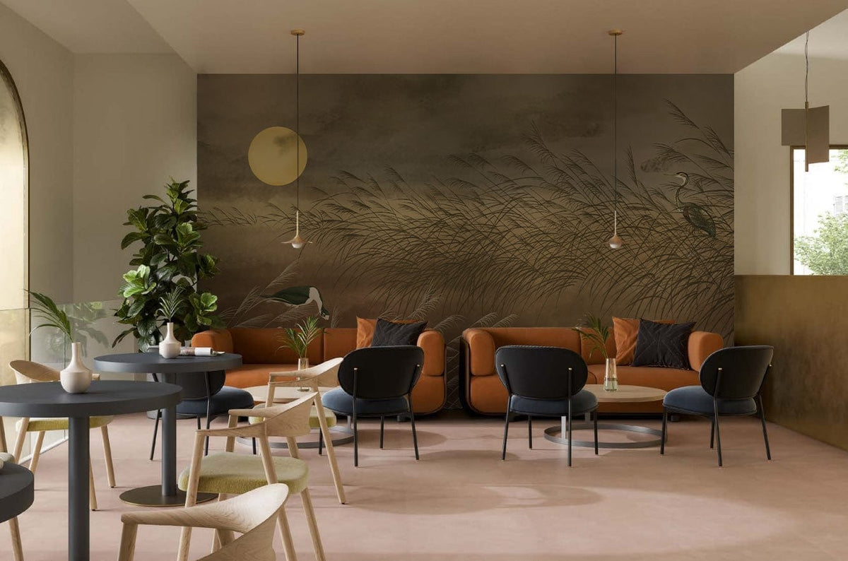 Tranquil Heron Moonlit Marshland Mural Wallpaper in lounge with earthy tones, modern sofas, and soft lighting.