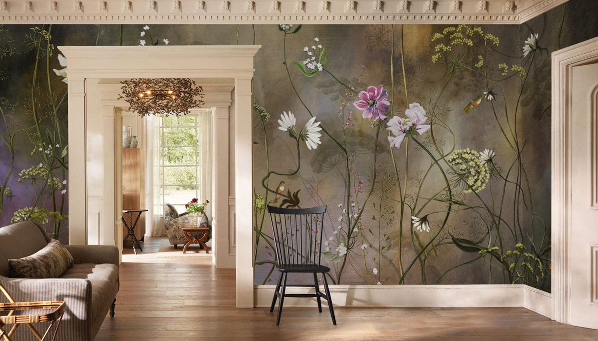 Elegant Wildflower Garden Mural Wallpaper in earthy tones, cosy living room, elegant sofa, wooden flooring.
