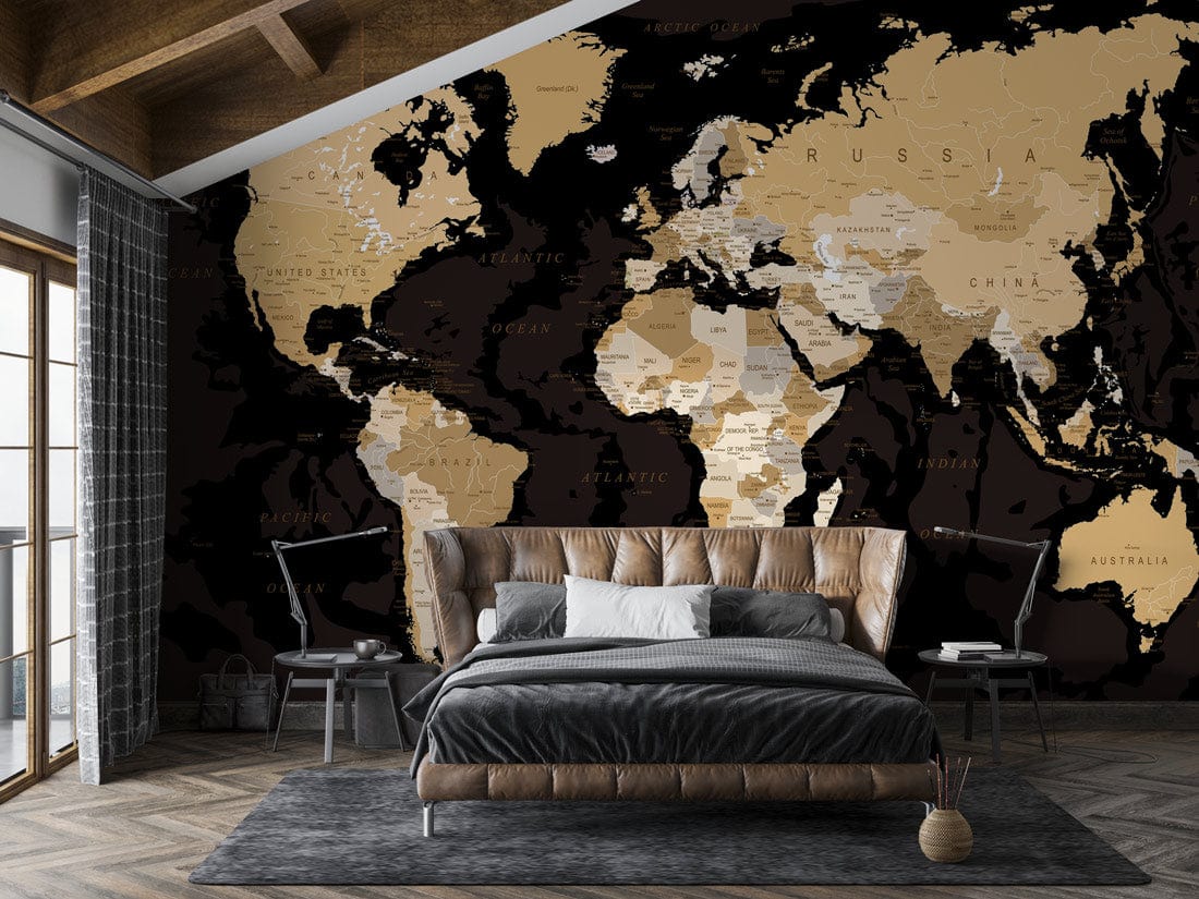 Vintage World Map Mural Wallpaper in bedroom with grey bed, wooden floor, modern chairs, and windows.