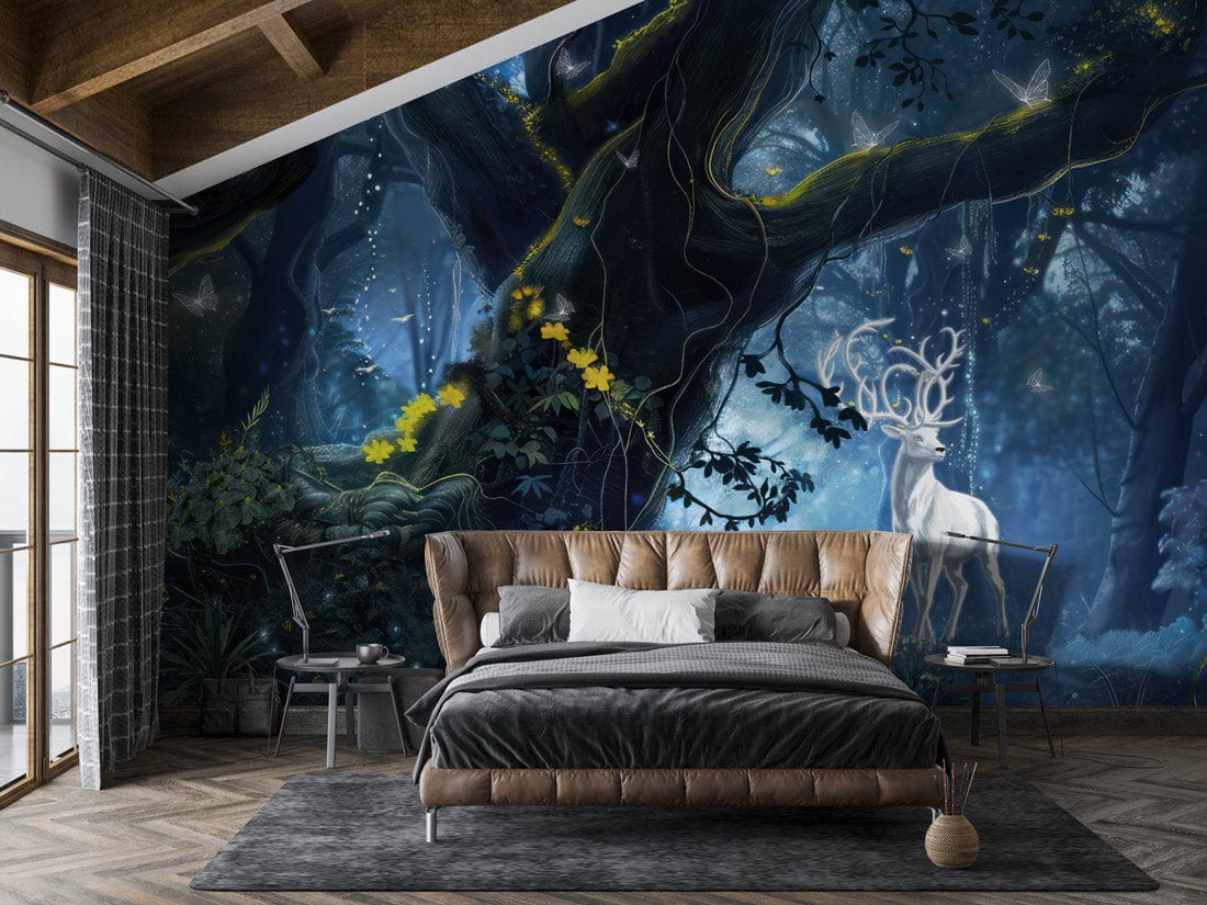 Mystical Enchanted Forest Stag Wallpaper, luxurious bedroom setting with brown leather sofa, wooden flooring.