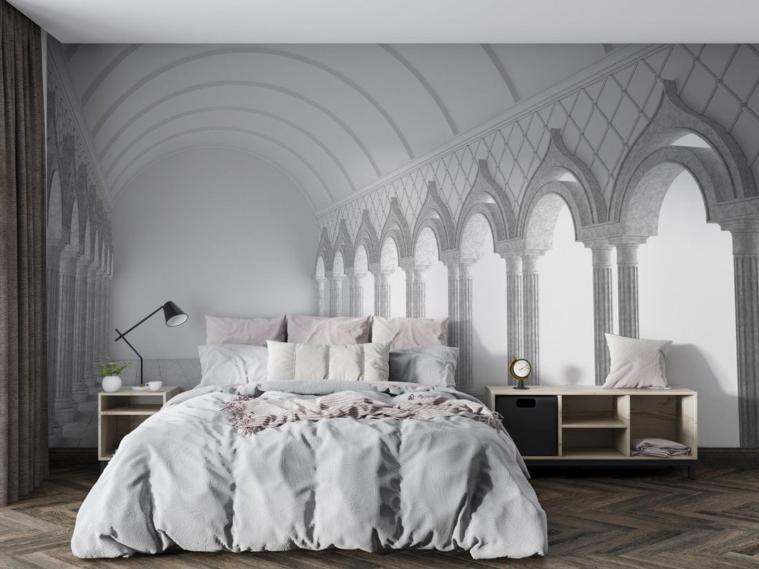 Gothic Architectural Archway Wallpaper, monochrome. Bedroom with grey bedding, wooden flooring, modern side tables.