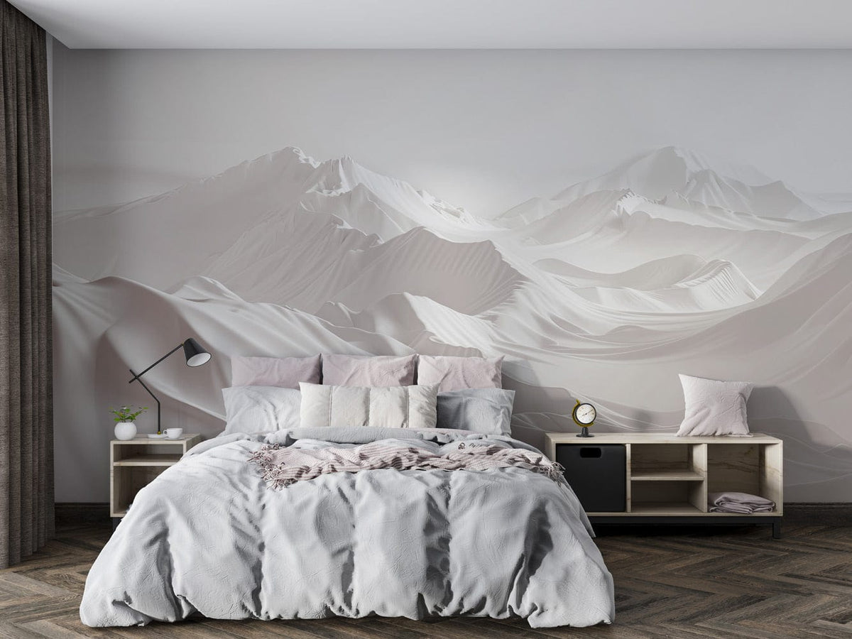 Serene White Mountain Range Mural Wallpaper complements grey contemporary bedroom with chevron wood flooring.