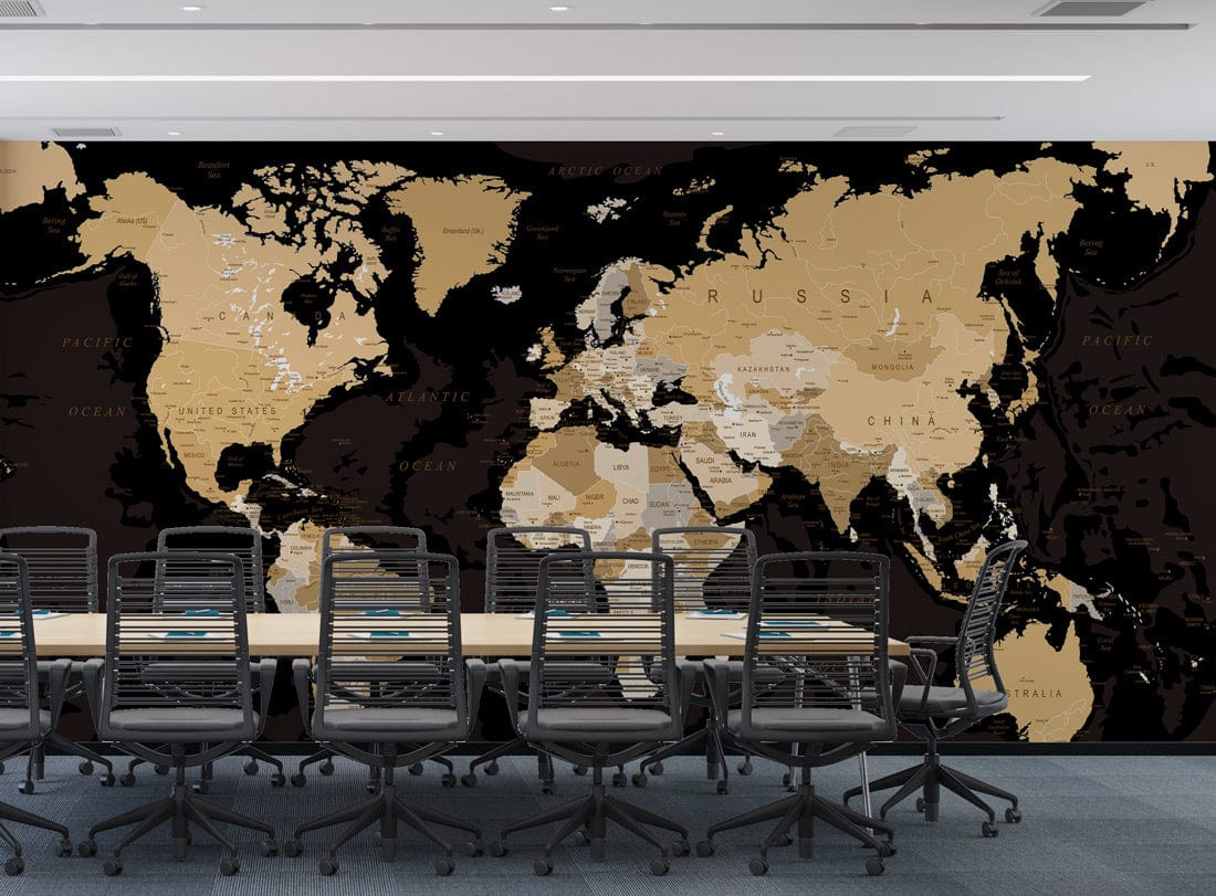 Vintage World Map Mural Wallpaper in conference room with modern chairs, beige and black theme.