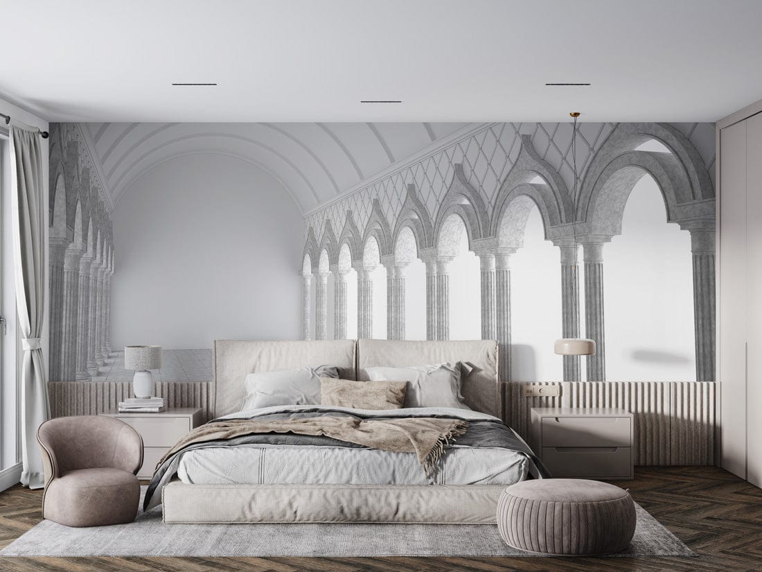 Elegant bedroom with Gothic archway mural, monochrome grey, beige bed, modern chair, parquet flooring.