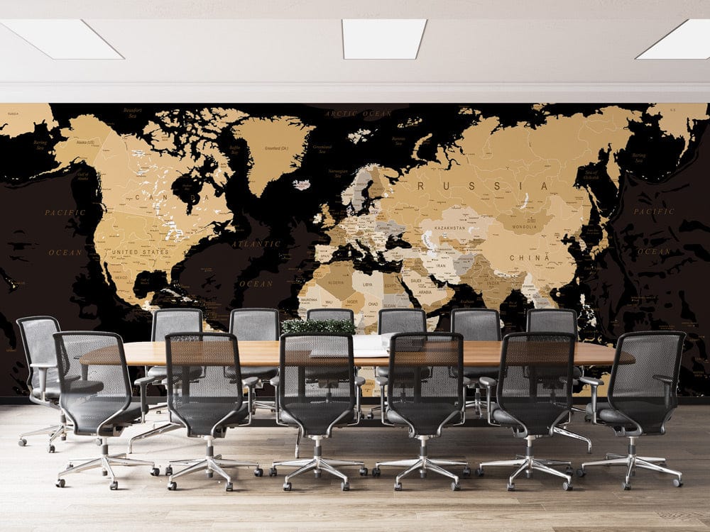 Office with Vintage World Map Mural Wallpaper, black chairs, wooden table, and modern ceiling lights.